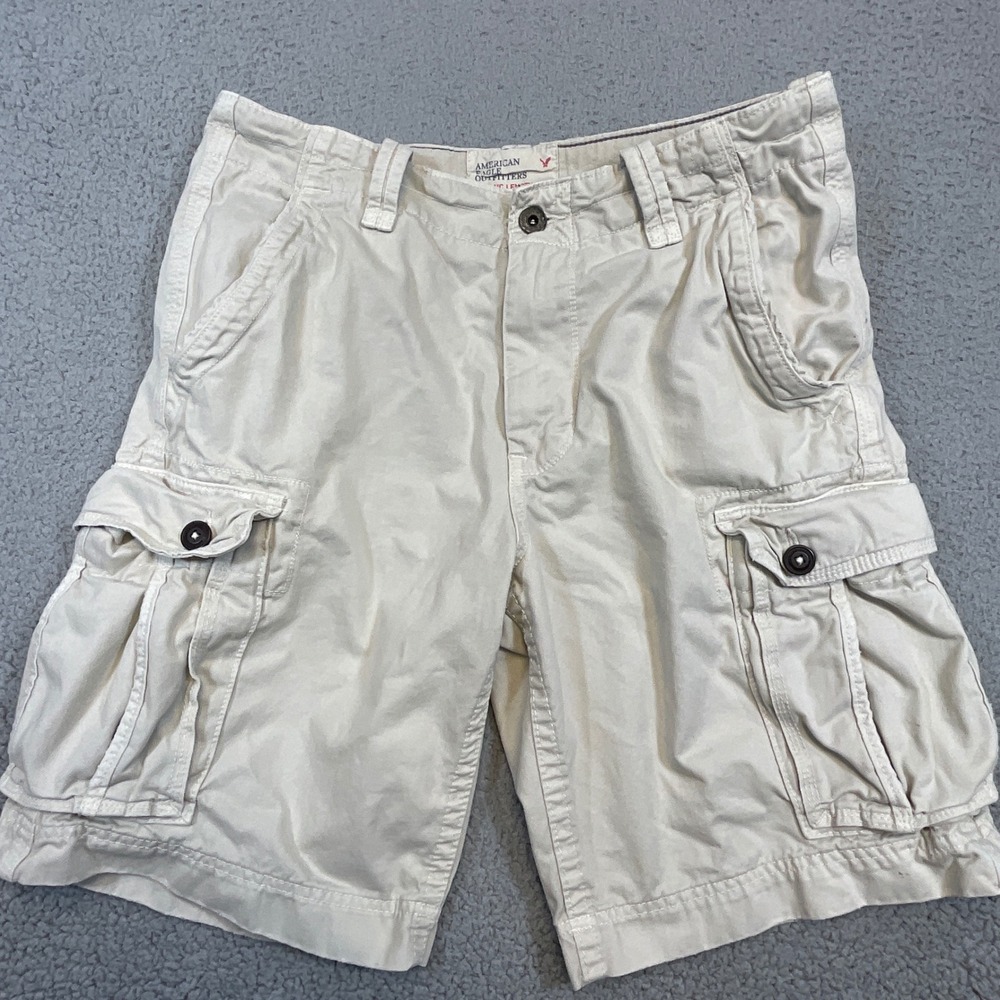 American Eagle Cargo Shorts Men 34 Khaki Cotton Relaxed Fit Utility Pockets